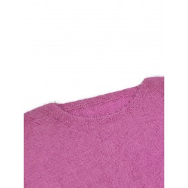 Plus Size Casual Sweater, Women's Plus Solid Fluffy Round Neck Long Sleeve Sweater