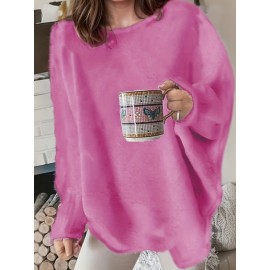Plus Size Casual Sweater, Women's Plus Solid Fluffy Round Neck Long Sleeve Sweater
