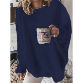 Plus Size Casual Sweater, Women's Plus Solid Fluffy Round Neck Long Sleeve Sweater