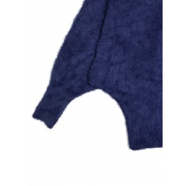 Plus Size Casual Sweater, Women's Plus Solid Fluffy Round Neck Long Sleeve Sweater