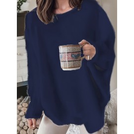 Plus Size Casual Sweater, Women's Plus Solid Fluffy Round Neck Long Sleeve Sweater