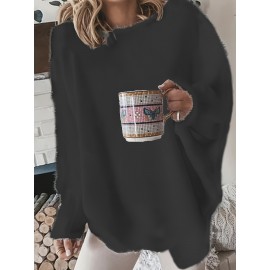 Plus Size Casual Sweater, Women's Plus Solid Fluffy Round Neck Long Sleeve Sweater