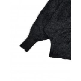 Plus Size Casual Sweater, Women's Plus Solid Fluffy Round Neck Long Sleeve Sweater