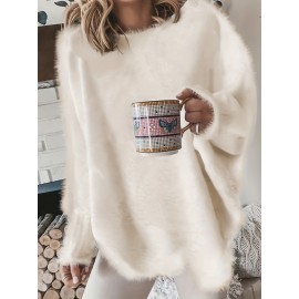 Plus Size Casual Sweater, Women's Plus Solid Fluffy Round Neck Long Sleeve Sweater