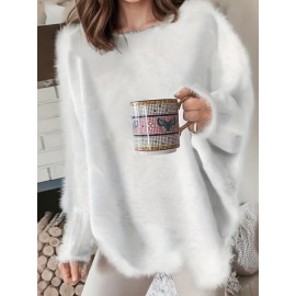 Plus Size Casual Sweater, Women's Plus Solid Fluffy Round Neck Long Sleeve Sweater