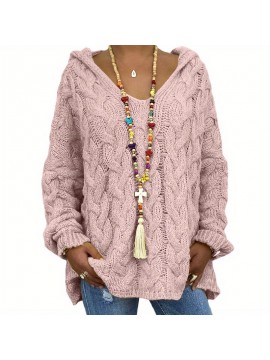 Plus Size Casual Sweater, Women's Plus Solid Hooded Long Sleeve V Neck Knitted Pullover Jumper Top