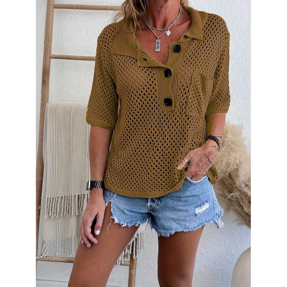 Plus Size Solid Button Front Knitted Top, Casual Half Sleeve Collared Patched Pocket Top For Spring &summer, Women's Plus Size Clothing