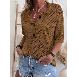 Plus Size Solid Button Front Knitted Top, Casual Half Sleeve Collared Patched Pocket Top For Spring &summer, Women's Plus Size Clothing