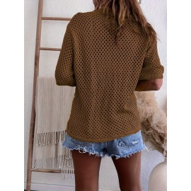 Plus Size Solid Button Front Knitted Top, Casual Half Sleeve Collared Patched Pocket Top For Spring &summer, Women's Plus Size Clothing