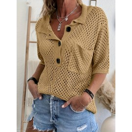 Plus Size Solid Button Front Knitted Top, Casual Half Sleeve Collared Patched Pocket Top For Spring &summer, Women's Plus Size Clothing