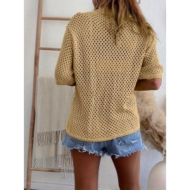 Plus Size Solid Button Front Knitted Top, Casual Half Sleeve Collared Patched Pocket Top For Spring &summer, Women's Plus Size Clothing