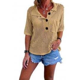 Plus Size Solid Button Front Knitted Top, Casual Half Sleeve Collared Patched Pocket Top For Spring &summer, Women's Plus Size Clothing