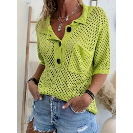 Plus Size Solid Button Front Knitted Top, Casual Half Sleeve Collared Patched Pocket Top For Spring &summer, Women's Plus Size Clothing