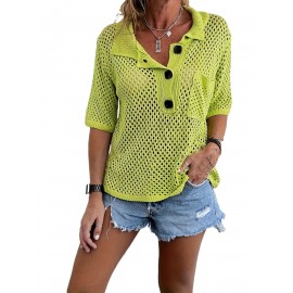 Plus Size Solid Button Front Knitted Top, Casual Half Sleeve Collared Patched Pocket Top For Spring &summer, Women's Plus Size Clothing