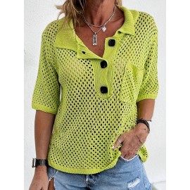 Plus Size Solid Button Front Knitted Top, Casual Half Sleeve Collared Patched Pocket Top For Spring &summer, Women's Plus Size Clothing
