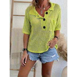 Plus Size Solid Button Front Knitted Top, Casual Half Sleeve Collared Patched Pocket Top For Spring &summer, Women's Plus Size Clothing