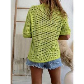 Plus Size Solid Button Front Knitted Top, Casual Half Sleeve Collared Patched Pocket Top For Spring &summer, Women's Plus Size Clothing