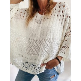 Plus Size Solid Cut Out Knitted Top, Casual Crew Neck 3/4 Sleeve Top, Women's Plus Size Clothing