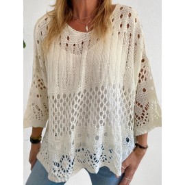 Plus Size Solid Cut Out Knitted Top, Casual Crew Neck 3/4 Sleeve Top, Women's Plus Size Clothing