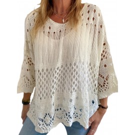 Plus Size Solid Cut Out Knitted Top, Casual Crew Neck 3/4 Sleeve Top, Women's Plus Size Clothing