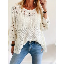 Plus Size Solid Cut Out Knitted Top, Casual Crew Neck 3/4 Sleeve Top, Women's Plus Size Clothing