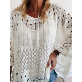 Plus Size Solid Cut Out Knitted Top, Casual Crew Neck 3/4 Sleeve Top, Women's Plus Size Clothing