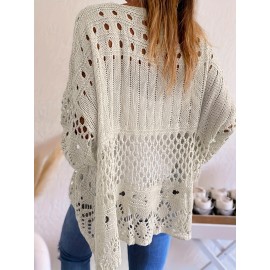 Plus Size Solid Cut Out Knitted Top, Casual Crew Neck 3/4 Sleeve Top, Women's Plus Size Clothing