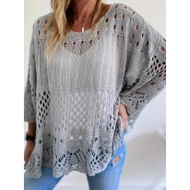 Plus Size Solid Cut Out Knitted Top, Casual Crew Neck 3/4 Sleeve Top, Women's Plus Size Clothing