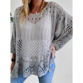 Plus Size Solid Cut Out Knitted Top, Casual Crew Neck 3/4 Sleeve Top, Women's Plus Size Clothing