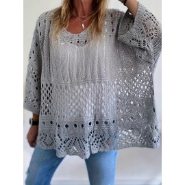 Plus Size Solid Cut Out Knitted Top, Casual Crew Neck 3/4 Sleeve Top, Women's Plus Size Clothing