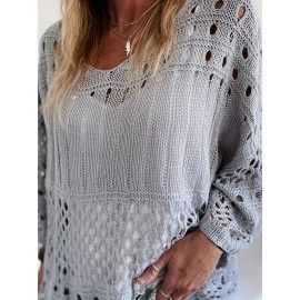 Plus Size Solid Cut Out Knitted Top, Casual Crew Neck 3/4 Sleeve Top, Women's Plus Size Clothing