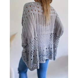 Plus Size Solid Cut Out Knitted Top, Casual Crew Neck 3/4 Sleeve Top, Women's Plus Size Clothing