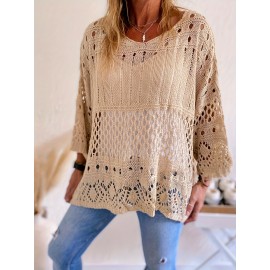 Plus Size Solid Cut Out Knitted Top, Casual Crew Neck 3/4 Sleeve Top, Women's Plus Size Clothing