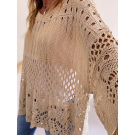 Plus Size Solid Cut Out Knitted Top, Casual Crew Neck 3/4 Sleeve Top, Women's Plus Size Clothing