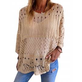 Plus Size Solid Cut Out Knitted Top, Casual Crew Neck 3/4 Sleeve Top, Women's Plus Size Clothing