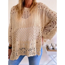 Plus Size Solid Cut Out Knitted Top, Casual Crew Neck 3/4 Sleeve Top, Women's Plus Size Clothing