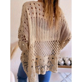 Plus Size Solid Cut Out Knitted Top, Casual Crew Neck 3/4 Sleeve Top, Women's Plus Size Clothing