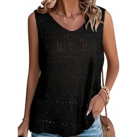 Plus Size Solid Hollow Out Knitted Tank Top, Casual Crochet Sleeveless V Neck Dress For Spring & Summer, Women's Plus Size Clothing