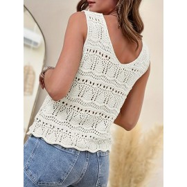 Plus Size Solid Hollow Out Knitted Tank Top, Casual Crochet Sleeveless V Neck Dress For Spring & Summer, Women's Plus Size Clothing