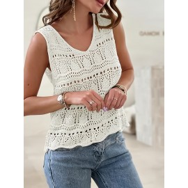 Plus Size Solid Hollow Out Knitted Tank Top, Casual Crochet Sleeveless V Neck Dress For Spring & Summer, Women's Plus Size Clothing