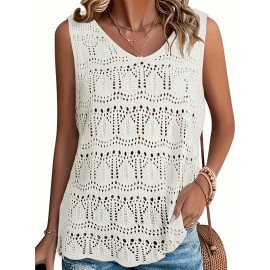 Plus Size Solid Hollow Out Knitted Tank Top, Casual Crochet Sleeveless V Neck Dress For Spring & Summer, Women's Plus Size Clothing