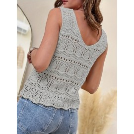 Plus Size Solid Hollow Out Knitted Tank Top, Casual Crochet Sleeveless V Neck Dress For Spring & Summer, Women's Plus Size Clothing