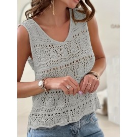 Plus Size Solid Hollow Out Knitted Tank Top, Casual Crochet Sleeveless V Neck Dress For Spring & Summer, Women's Plus Size Clothing
