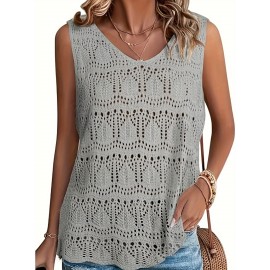 Plus Size Solid Hollow Out Knitted Tank Top, Casual Crochet Sleeveless V Neck Dress For Spring & Summer, Women's Plus Size Clothing