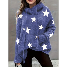 Plus Size Casual Sweater, Women's Plus Star Print Long Sleeve Drawstring Hoodie Sweater With Pockets