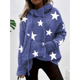 Plus Size Casual Sweater, Women's Plus Star Print Long Sleeve Drawstring Hoodie Sweater With Pockets
