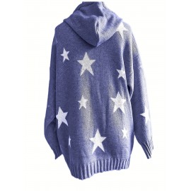 Plus Size Casual Sweater, Women's Plus Star Print Long Sleeve Drawstring Hoodie Sweater With Pockets