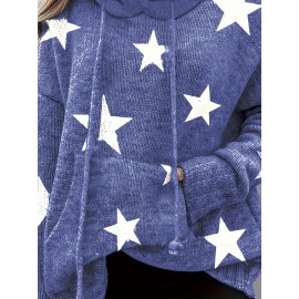 Plus Size Casual Sweater, Women's Plus Star Print Long Sleeve Drawstring Hoodie Sweater With Pockets