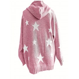 Plus Size Casual Sweater, Women's Plus Star Print Long Sleeve Drawstring Hoodie Sweater With Pockets