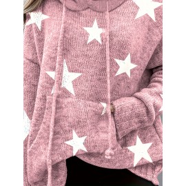 Plus Size Casual Sweater, Women's Plus Star Print Long Sleeve Drawstring Hoodie Sweater With Pockets